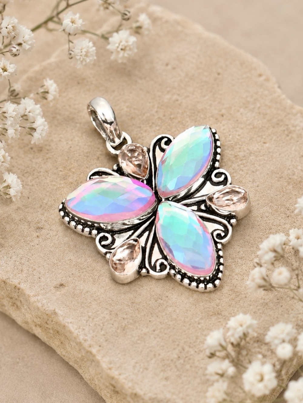 Unique Rainbow Fire & Peach Topaz Gemstone Silver 2.3” Pendant
